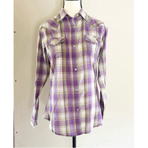 Wrangler Purple & White Plaid Western Top w/ Pearls Snap Closure Size Small